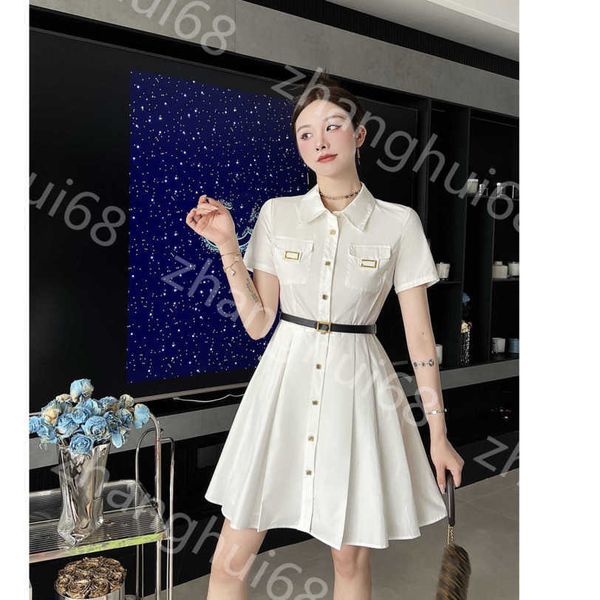 

23ss women dress womens designer clothing summer dresses lapel single breasted pleated skirt skirt belt short sleeved dress womens clothing, Black;gray