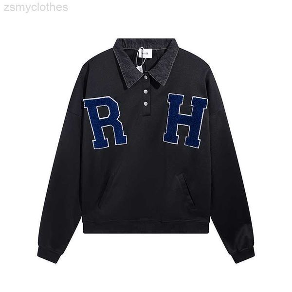 

men's hoodies sweatshirts letter patch rhude vintage sweatshirts men women 1 1 denim collar stitching rhude hoodie oversized pullover, Black