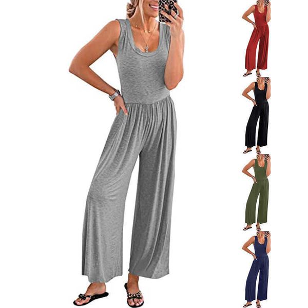

new women's loose sleeveless jumpsuit elastic pants belt, Black;gray