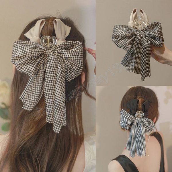 

korean black plaid ribbon bow clip high-end sense plate hair clip back of the head headdress hair accessories catch, Slivery;white