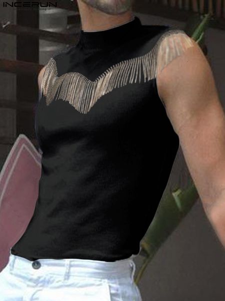 

men' tank tassel turtleneck summer solid color 2023 sleeveless vests streetwear fitness fashion casual clothing incerun 230505, White;black