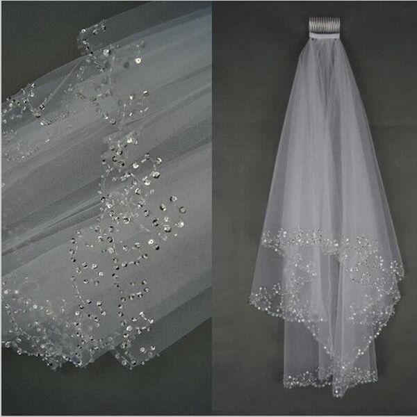 

wedding hair jewelry white ivory woman bridal veils 2 layers 75 cm handmade sequins beaded edge with comb accessories 230506, Slivery;golden