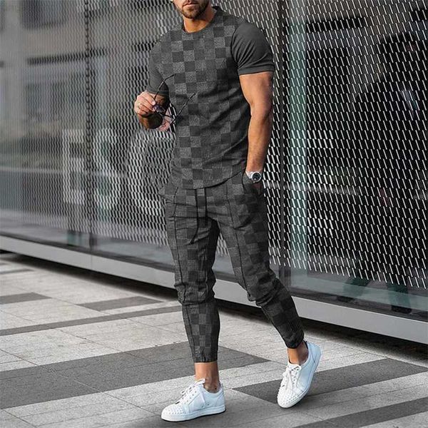 

men's tracksuits fashion casual short sleeve t-shirt long trousers street wear men suit sportswear 3d printed 2-piece, Gray