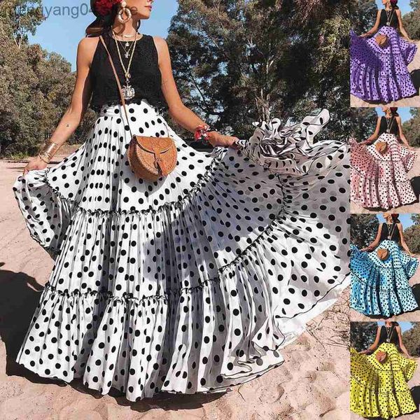 

skirts bohemian maxi skirts for women high waist polka dot printed skirt loose ruffled long pleated skirts elegant female streetwear quality, Black