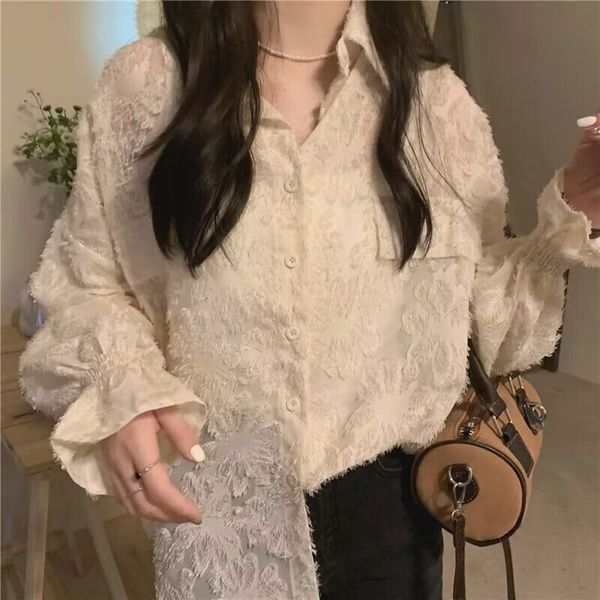 

multi-color korean version of pink lace long-sleeved shirt female design sense niche chic loose sunscreen shirt tide, White
