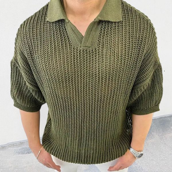 

men's polos vintage knitted solidsee through hollow out jumper men casual loose lapel short sleeve mens clothes streetwear summer 2305, White;black