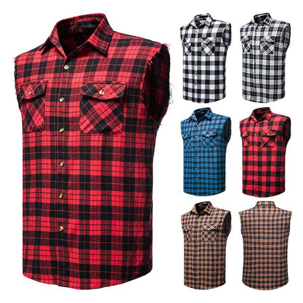

men's casual shirts 2023 summer new european size men's casual sleeveless shirts fashion plaid multi color shirts large, White;black