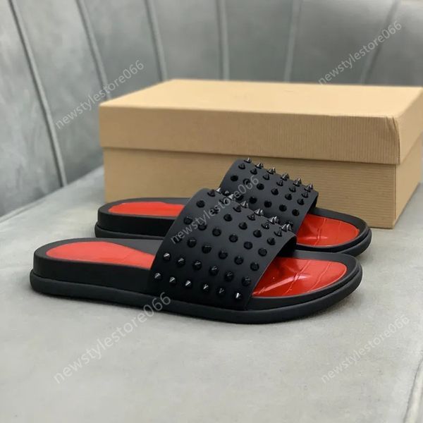 

original box mens studs slippers flat spikes slide oversize pool sandal thick rubber sole beach slipper platform mules summer casual fashion, Black