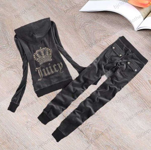 

design trend juicy tracksuit brand womens two piece pants back classic drill decoration hooded velvet fabric bunched leg trousers 23ess, Gray