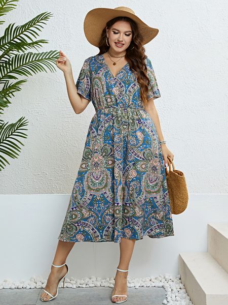 

plus size dresses casual plus size surplice neck paisley print long dress women summer vacation beach short sleeves elastic a-line dresses 3, Black