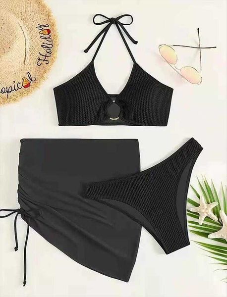 

solid color split bikini womens three piece swimsuit wholesale, White;black