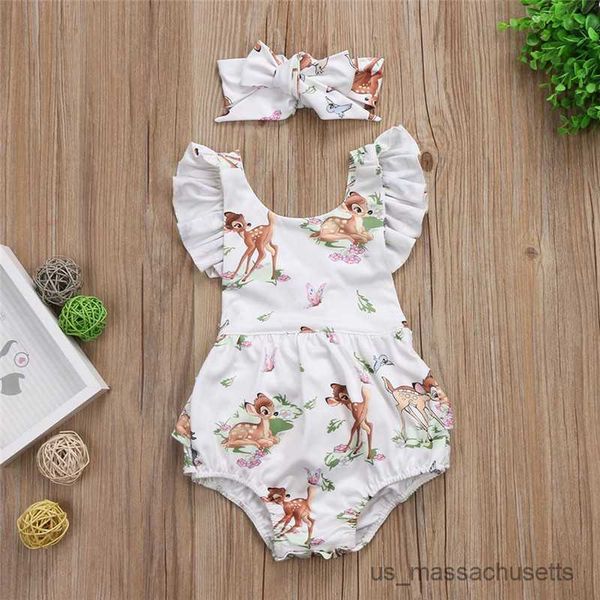 

clothing sets cute summer newborn baby girls xmas clothes sleeve cartoon deer print romper jumpsuitandheadband outfits sunsuit, White
