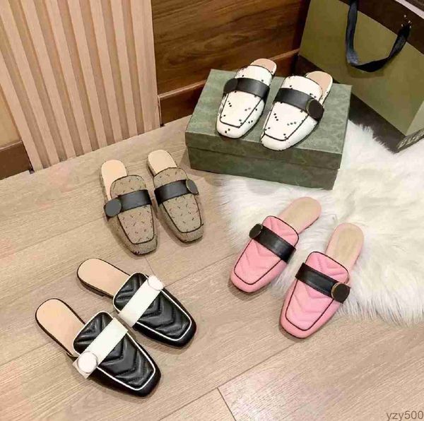 

classic leather flat bottom half slippers womens sandals designer luxury printing retro sandal summer fashion women leisure with original bo, Black