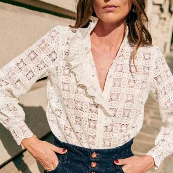 

Women' Blouses Women Shirt Autumn Winter 2023 Vintage Lace Collar Hollow Crochet Bubble Sleeve Blouse, White