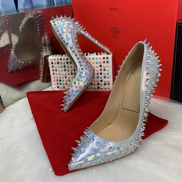 

casual designer lady fashion women shoes silver shiny patent leather spikes pointed toe plus size party prom wedding high heels stiletto pum, Black