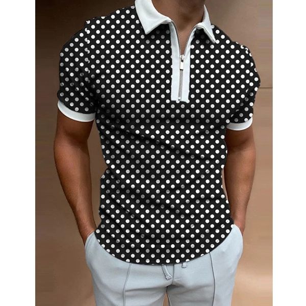

men's polos fashion clothing polo shirts golf polka dot print casual short sleeve tee men turndown collar zipper shirt 230506, White;black