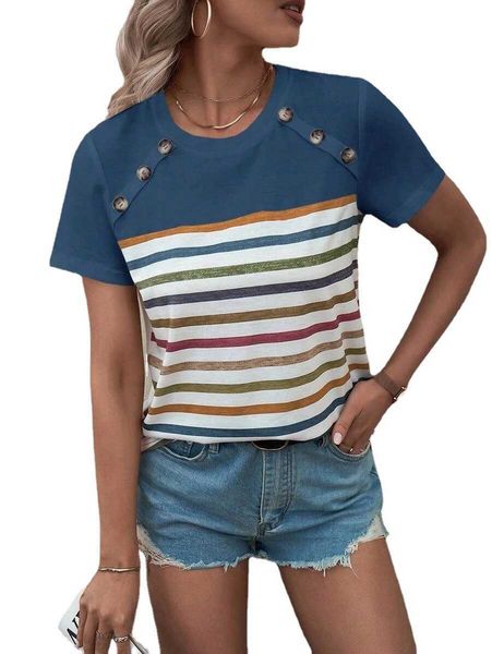 

2023 women's new summer stripe print panel button short sleeve casual for women, Tan;black
