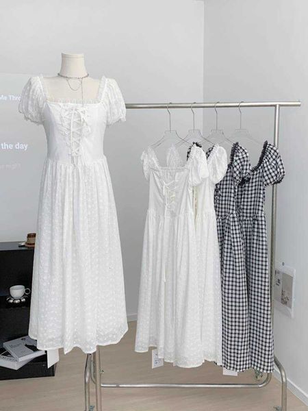 

square 2023 summer neck bubble sleeve dress design feel skirt knitted slim ankle-length, White