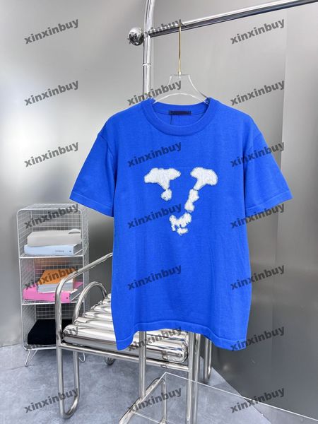 

xinxinbuy men designer tee t shirt 23ss knitted jacquard letter fabric short sleeve cotton women black white blue s-2xl, Black;brown