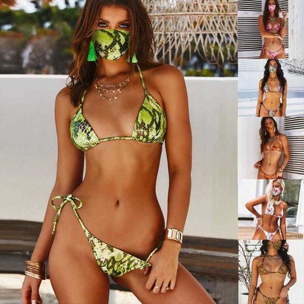 

swimsuit mask three piece bikini leopard print snake beach, White;black