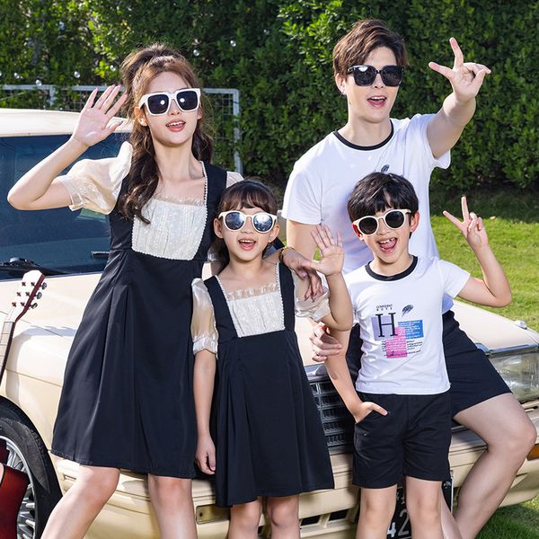 

family matching outfits mummy and daughter lace dresses summer parent-child dress women's chiffon dress girls kids t-shirt family look, Blue