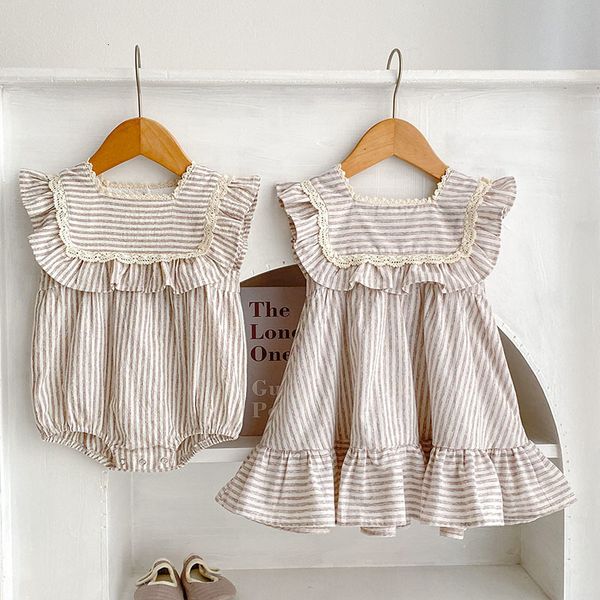 

girl's dresses fashion baby girl dress stripe lace summer sisters matching princess 0-6y 230505, Red;yellow