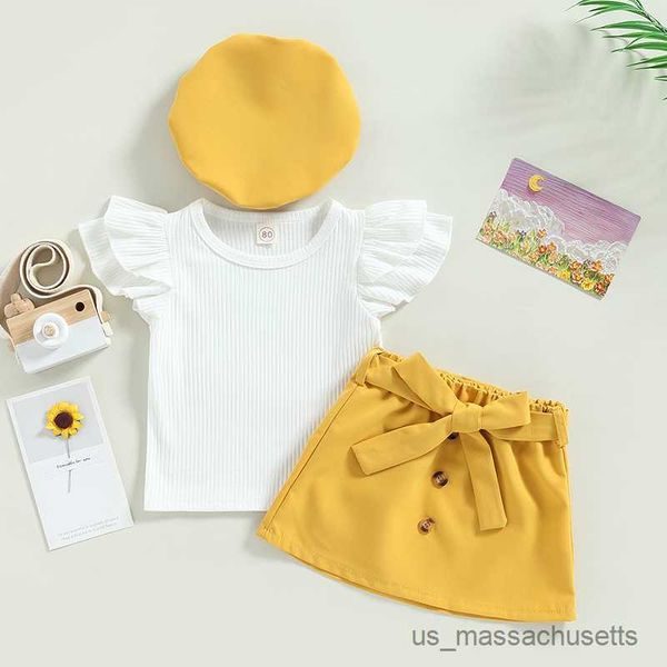 

clothing sets summer children girls clothing sets 1-5y ribbed ruffles sleeve o-neck button skirtsandhats casual outfits, White