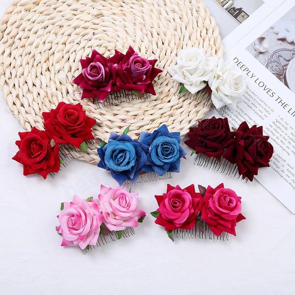 

boho handmade wedding headpiece rose hair clips for women girl hair band fork comb hairpin flower jewelry hair accessories, Slivery;white