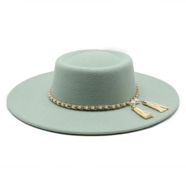 

summer simple solid color wool felt jazz fedora hats with chain men women wide brim panama trilby cap autumn winter2202077, Blue;gray