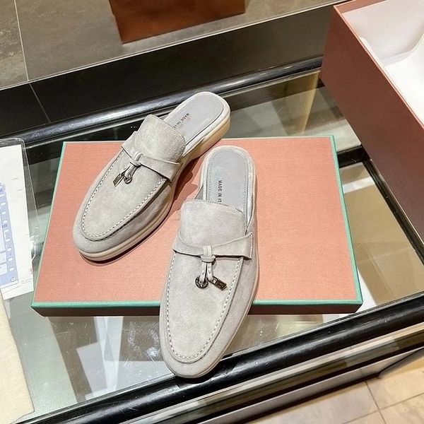 

designer shoes lp slipper men suede loafers summer charms embellished walk shoe apricot leather casual shoe slip on flats lady luxury shoes, Black