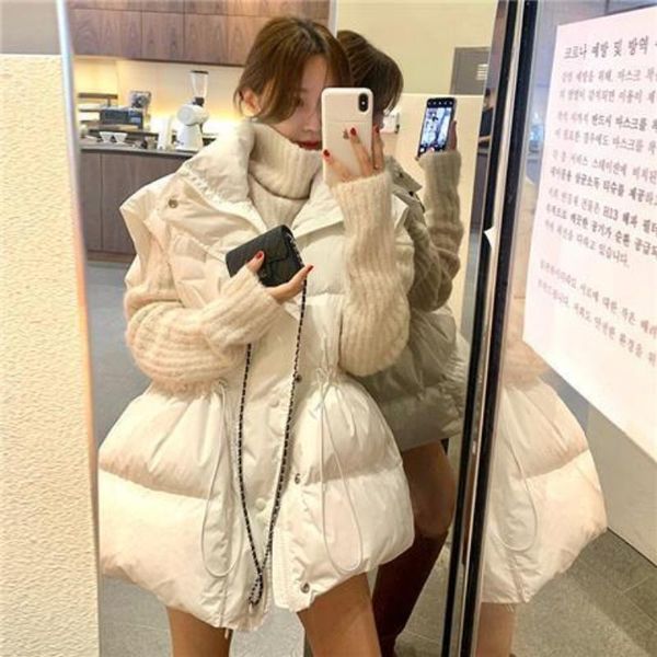 

leather new autumn winter women's vest sleeveless cardigan bread jacket korean fashion loose coat drawstring waist warm, Black