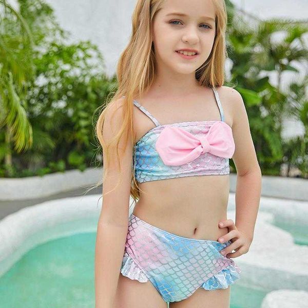 

childrens swimsuit female mermaid print flying bow split big kids, White;black