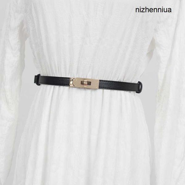 

hermm luxury belt korean version lock buckle pressing line cowhide adjustable thin for women s decorative suit jacket paired with skirt genu, Silver