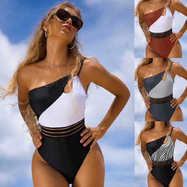 

one piece swimsuit shoulder color matching backless tight cutout beach bikini for women, White;black