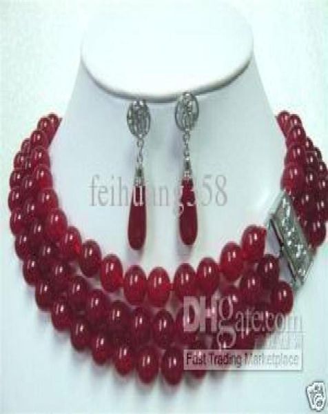 

natural 3row surrounded blood red jade necklace earring0123242742, Silver