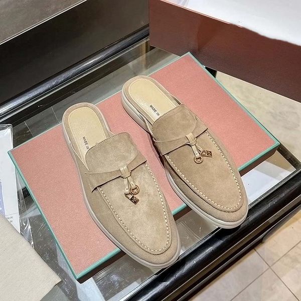 

designer shoes lp slipper men suede loafers summer charms embellished walk shoe apricot leather casual shoe slip on flats lady luxury shoes, Black