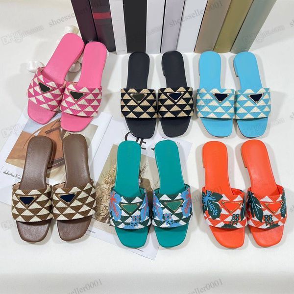 

designer slide sandals womens flip flops fashion triangle printed fabric embroidered sandal luxury flat bottom slippers 35-43, Black