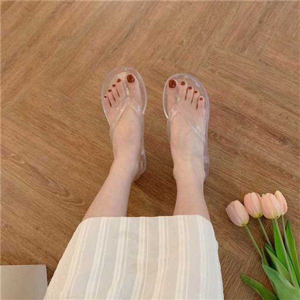 

plastic slippers korean crystal transparent flip flops female xia ins student shower sandals wearing beach jelly shoes outside, Black