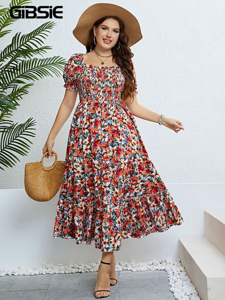 

plus size dresses gibsie floral print square neck puff sleeve dress women plus size vacation boho beach ruffle hem a-line summer long dresse, Black