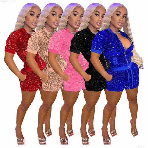

2023 summer tracksuits night store style sequin short sleeve zipper jacket shorts set women sports tracksuits jogging suits, Gray