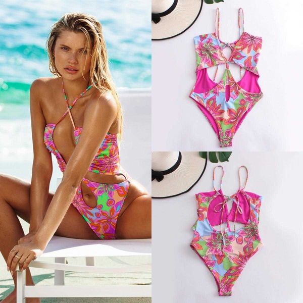 

printed bikini backless halter one piece for women, White;black