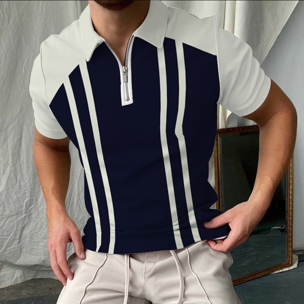 

men's polos summer casual super cool striped polo shirt men's lapel zipper tshirt 230506, White;black