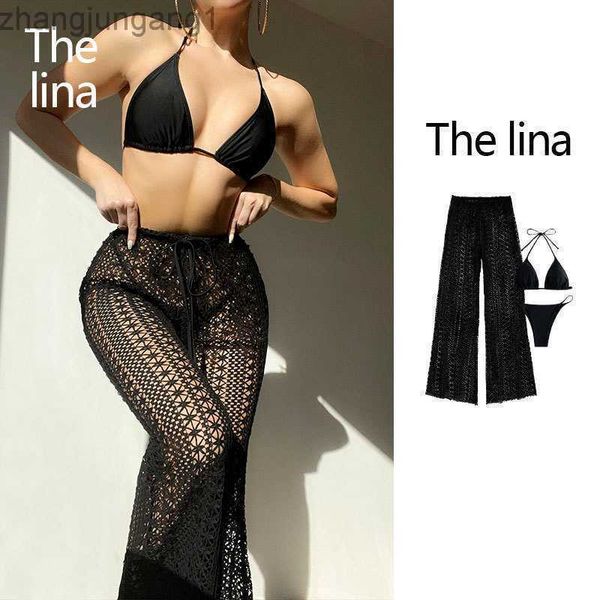

designer bikini 2023 new solid three piece bikini hanging neck open back high waist half through pants, White;black