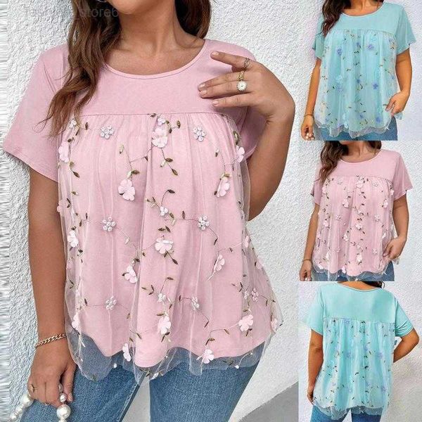 

women's blouses plus size lace patchwork mesh women blouse pink elegant female floral print short sleeve o neck beach camisa de las, White