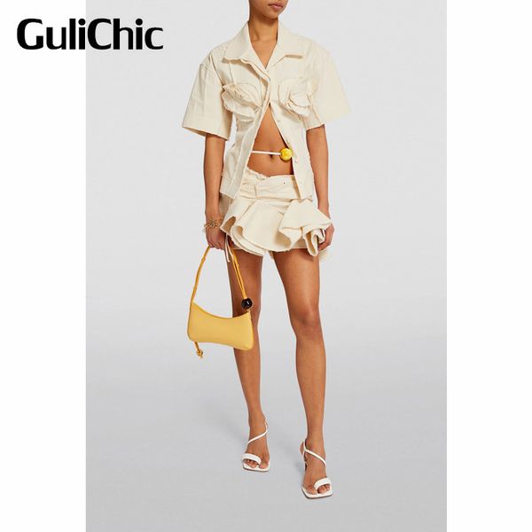 

two piece dress 48 gulichic fashion frayed short sleeve cotton shirt or backless crop tank ruffle mini skirt set women 230505, White