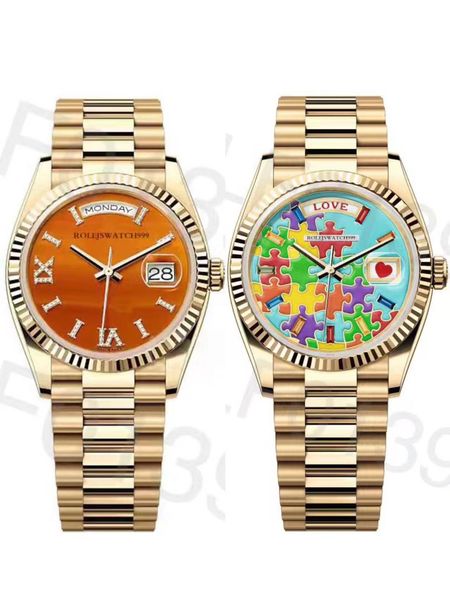 

mens watch new puzzle daydate watches 2813 automatic mechanical 41mm stainless steel waterproof classic wristwatches, Slivery;brown