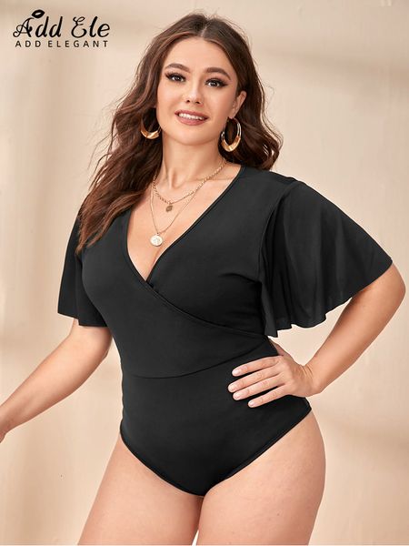 

women's plus size tshirt add elegant summer bodysuits deep v neck flare sleeve female casual solid high elastic clothing b411 230506, Black