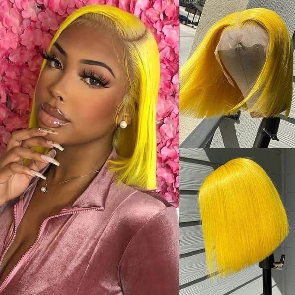 

yellow colored bob wig 13x4 lace front human hair wigs short straight transparent lace wigs for women human hair, Black;brown