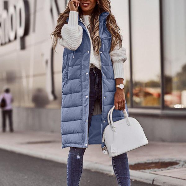 

leather women's long winter coat vest with hood sleeveless warm down coat with pockets quilted vest down jacket quilted outdoor jacket, Black