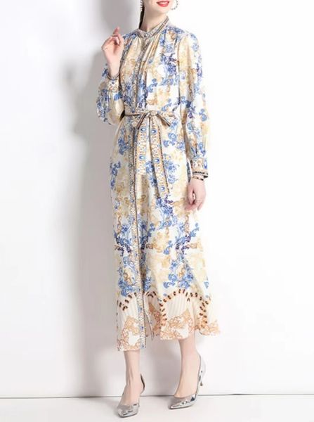

2023 dress new european and american standing neck high waist retro print waist long sleeve large style single breasted dress, Black;gray